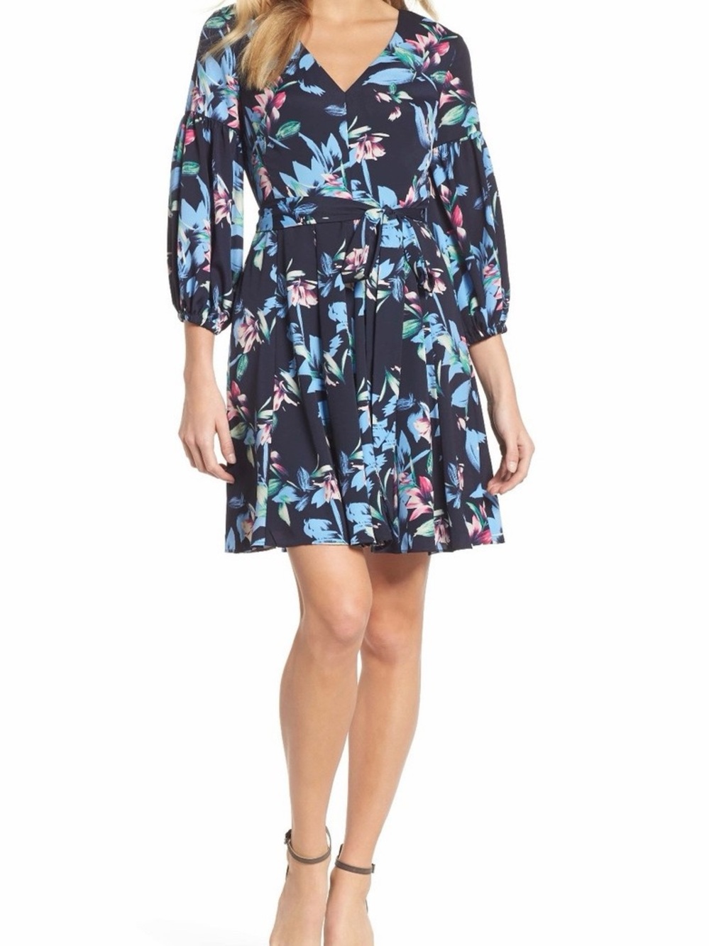 Eliza J Navy Floral V-Neck Tie-Waist Midi Dress